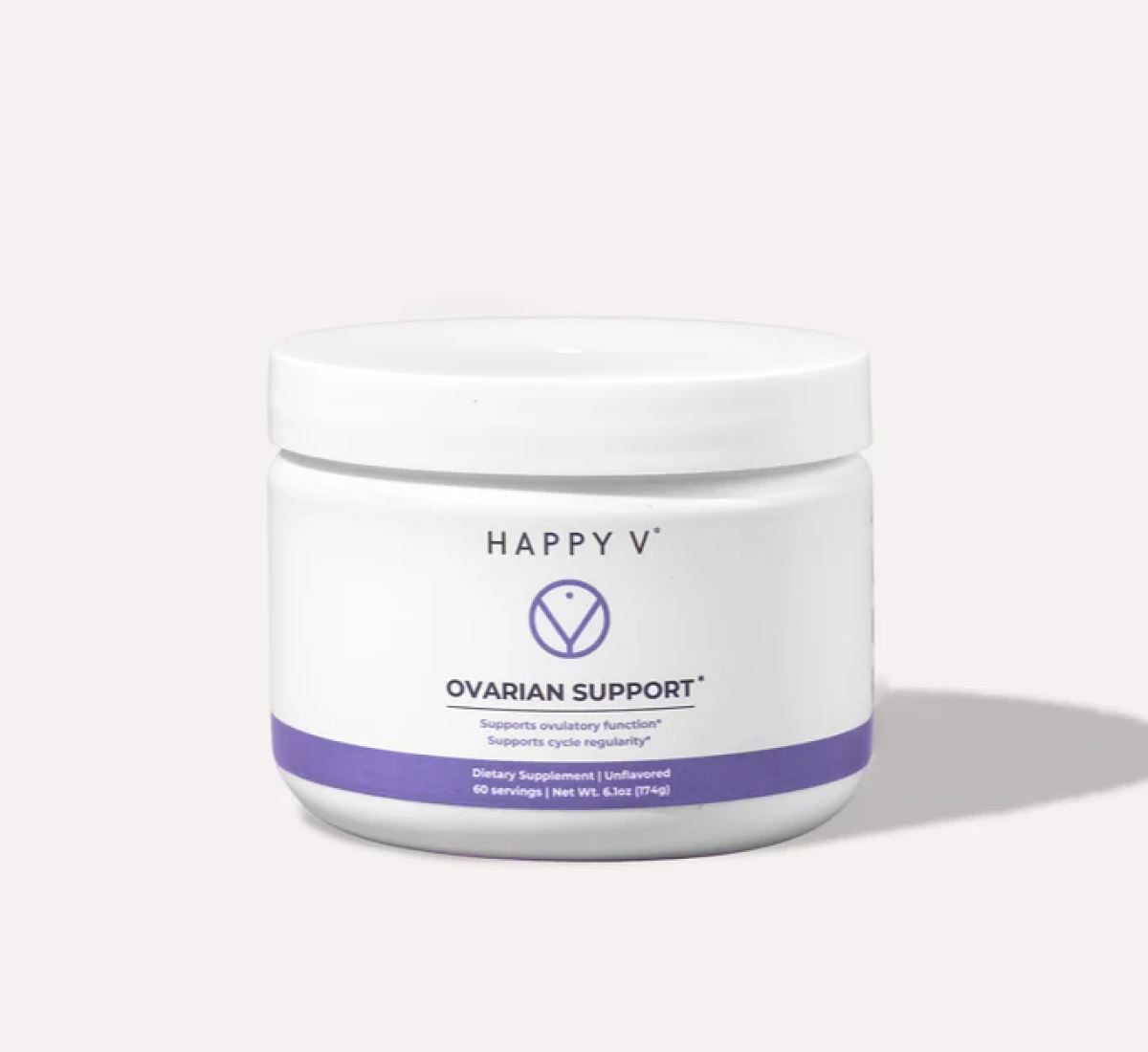 Happy V Ovarian Support supplement jar on a gray background