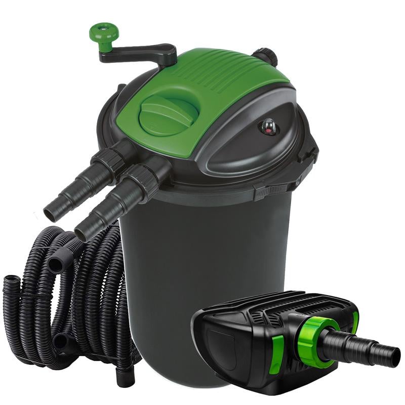 Pond pump and filter set for a garden pond