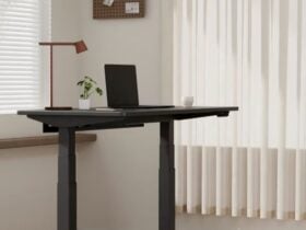 Flexispot home office with a standing desk and walking pad