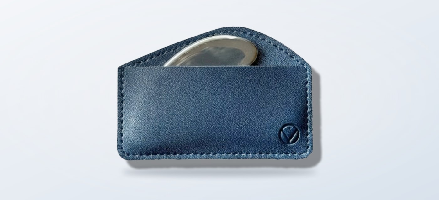 Happy V Premium Gua Sha in its leather sleeve