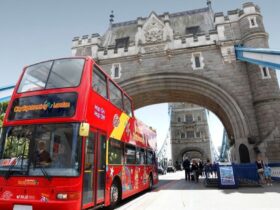 City Sightseeing bus crossing Tower Bridge in London