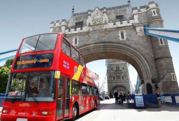 City Sightseeing bus crossing Tower Bridge in London