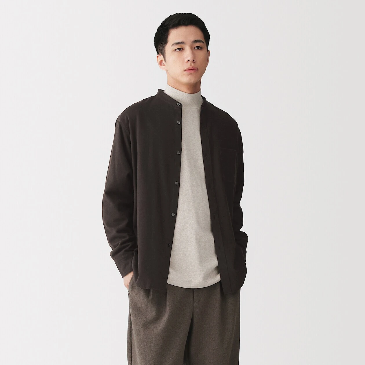 MUJI Men's Flannel Grandad Collar Shirt
