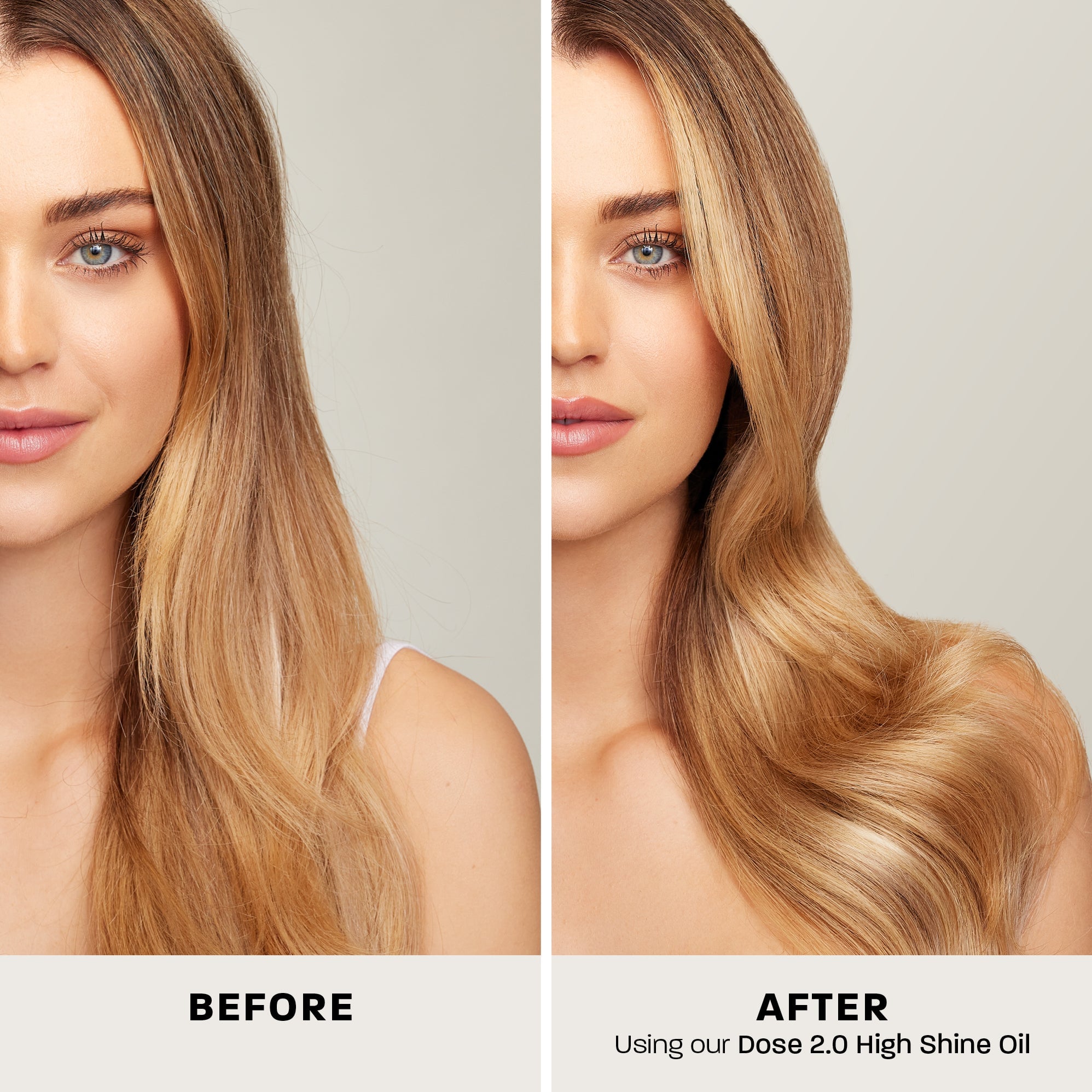 Before and after showing shinier hair after a REHAB Your Hair hair oil routine