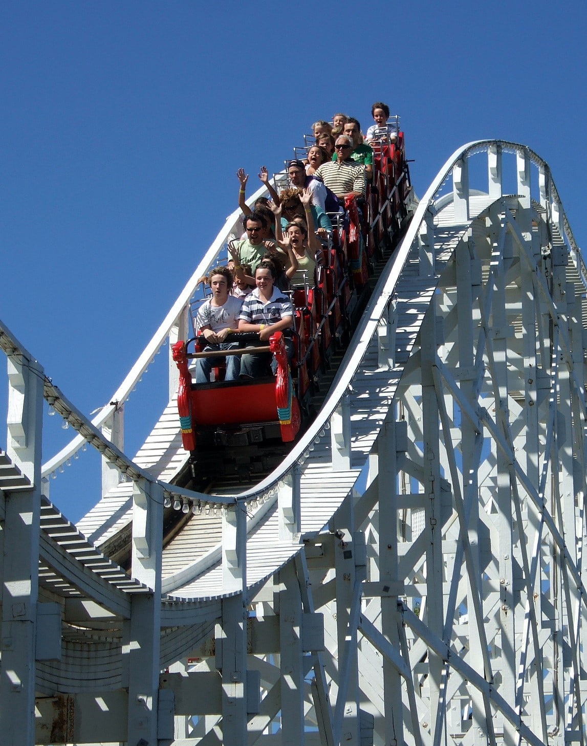 Roller coaster track rising above a theme park
