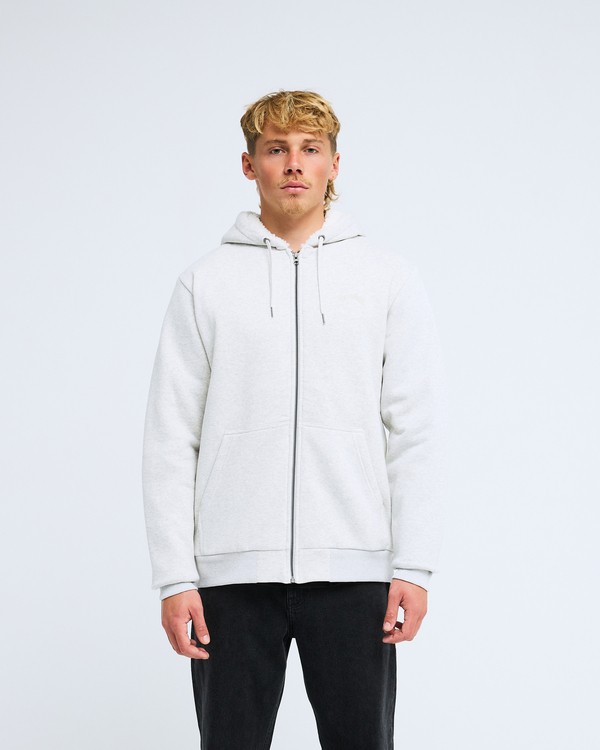 Grey Arch Sherpa zip hoodie shown from the front