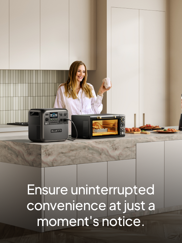Portable power station beside a kitchen appliance in a home