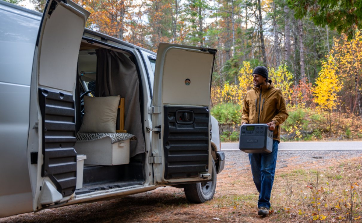 Camper carrying a portable power station beside a van among autumn trees