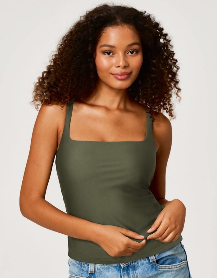 Khaki Square Neck Tank Top with Built-in Bra