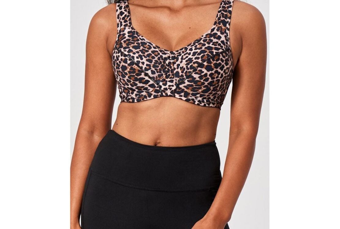 Model wearing a Bravissimo leopard-print bra