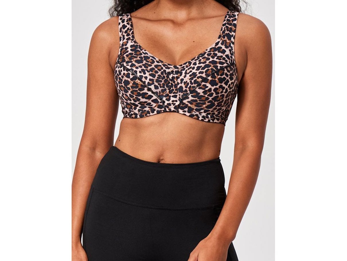 Model wearing a Bravissimo leopard-print bra
