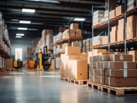 Warehouse pallets and forklifts at Building Materials
