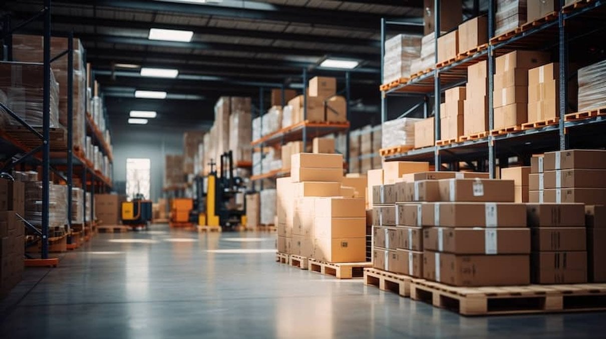 Warehouse pallets and forklifts at Building Materials