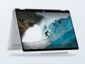 HP OmniBook 5 Flip shown in tent mode with its pen