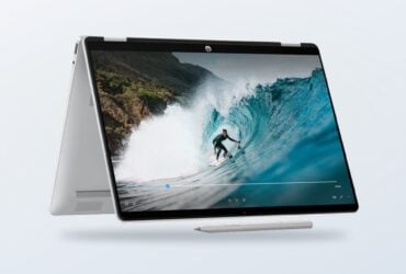 HP OmniBook 5 Flip shown in tent mode with its pen