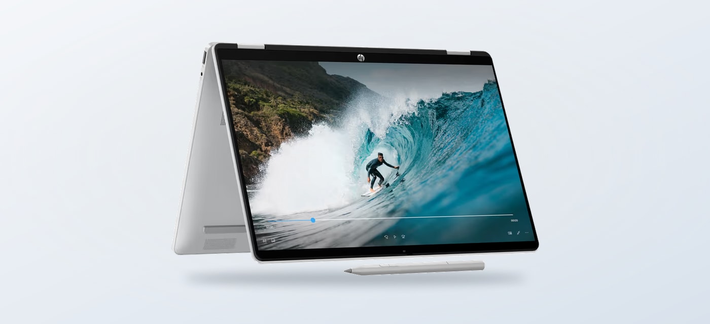 HP OmniBook 5 Flip shown in tent mode with its pen