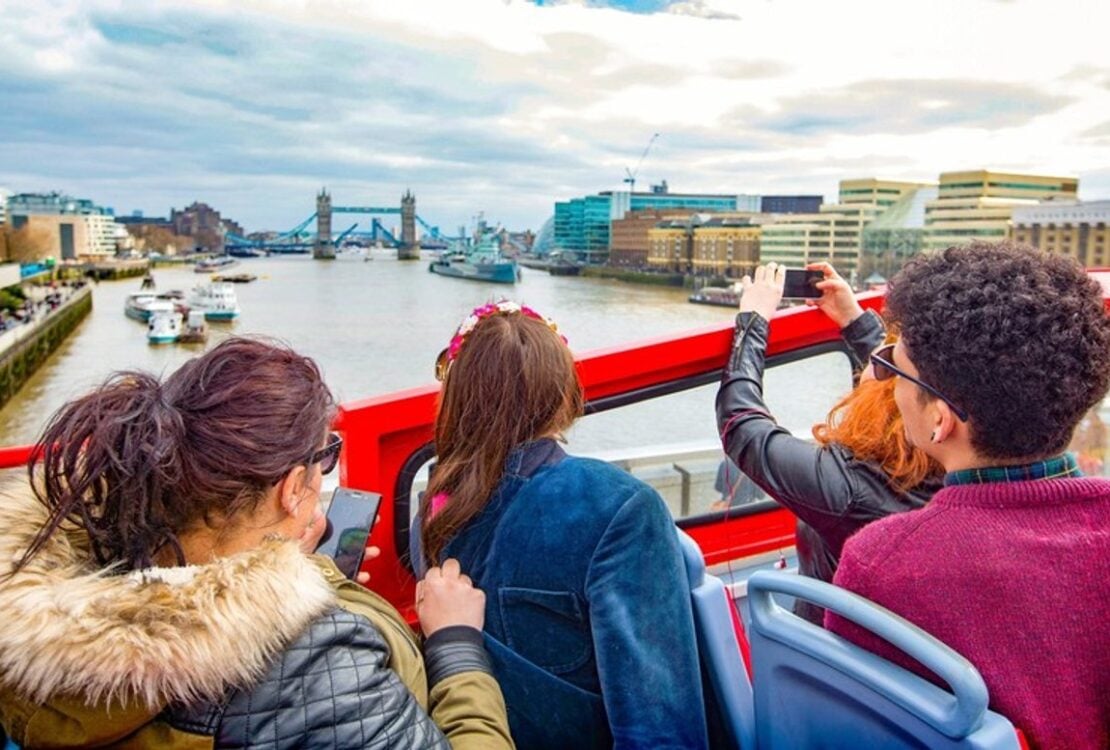 London sightseeing bus moving through the city
