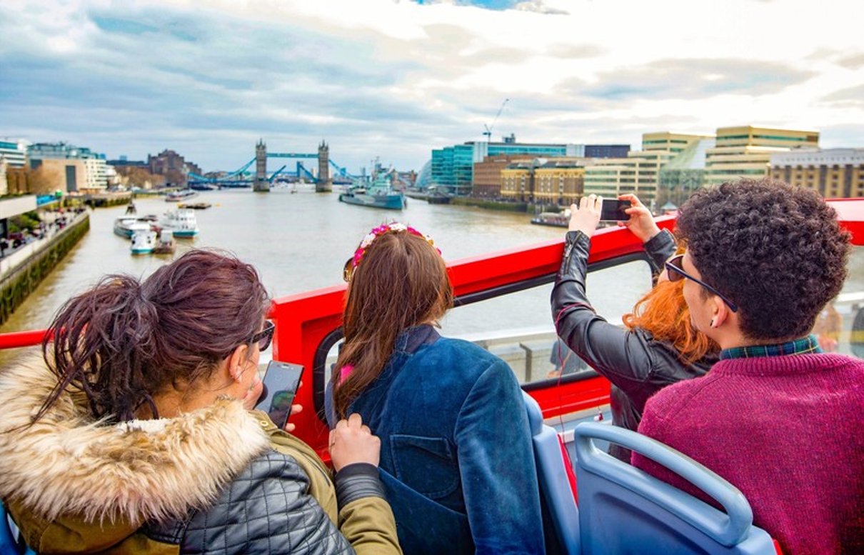 London sightseeing bus moving through the city