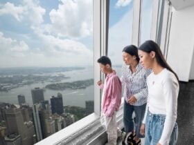 Family looking out across the New York skyline from the observation deck