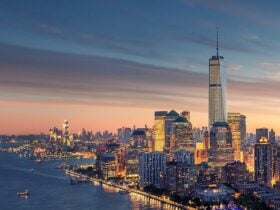 New York skyline at dusk from One World Observatory