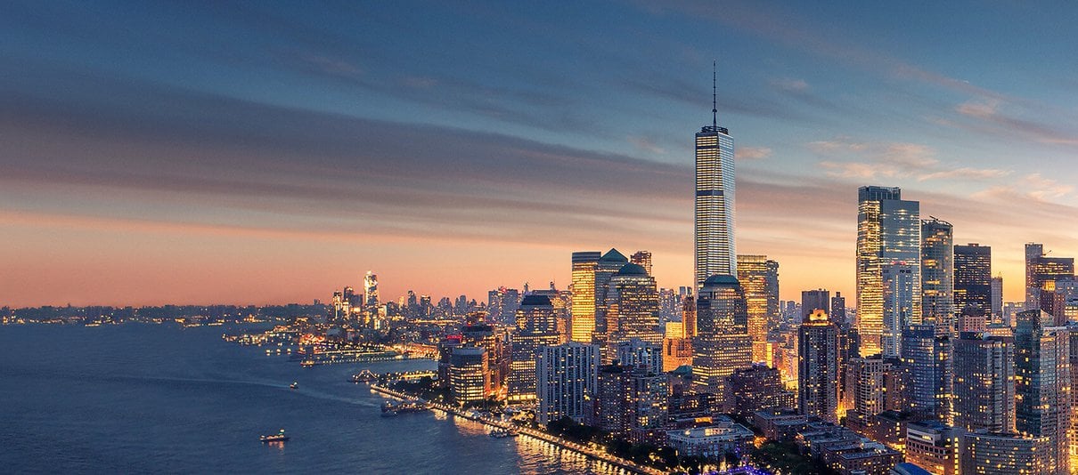 New York skyline at dusk from One World Observatory