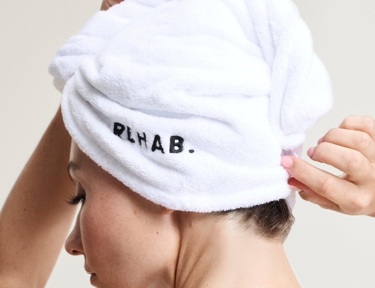 Person wearing the REHAB Micro-Fibre Hair Towel