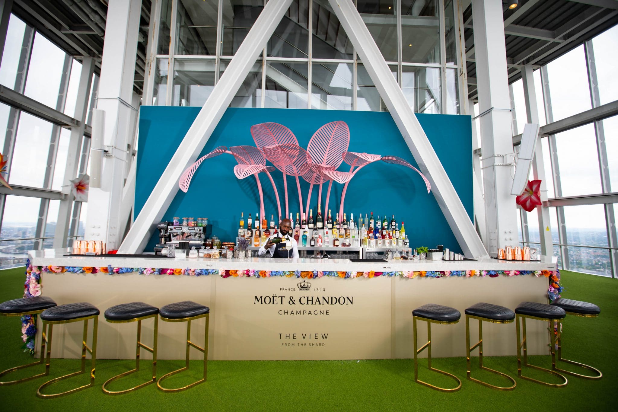 Champagne bar and pink sculptural installation at The View from The Shard