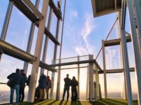 Visitors looking out over London from The View from The Shard