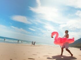 Travellers beside a bright coastal scene with a flamingo