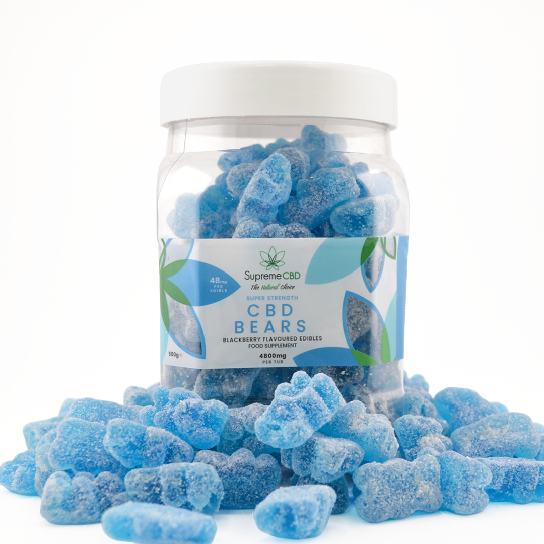 Blue CBD gummy bears in a product tub