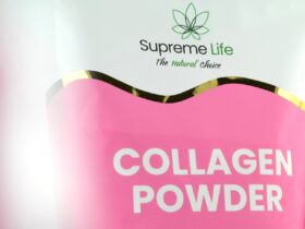 Collagen powder pouch photographed against a simple background