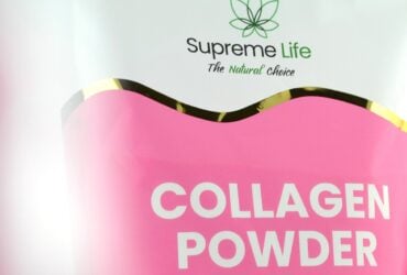 Collagen powder pouch photographed against a simple background