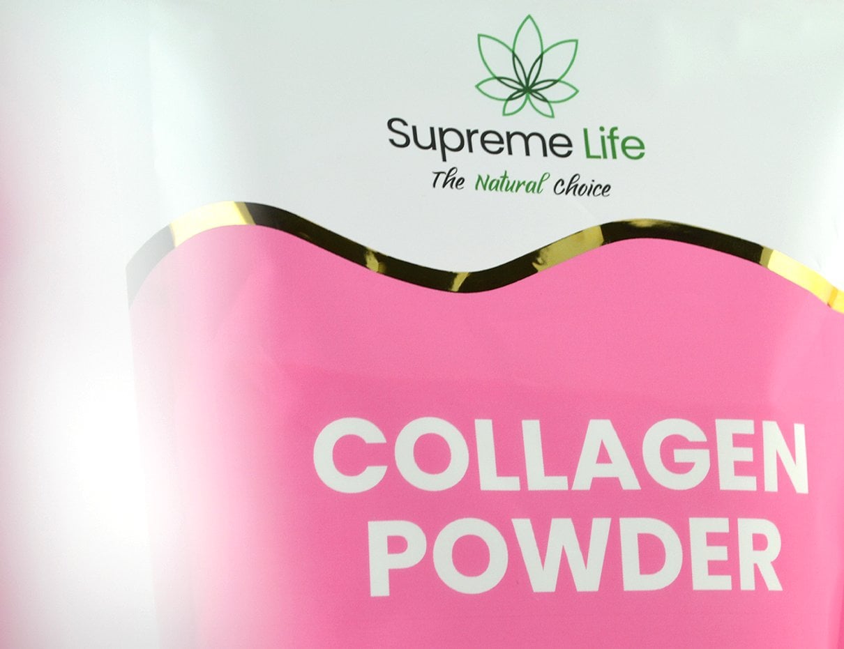 Collagen powder pouch photographed against a simple background