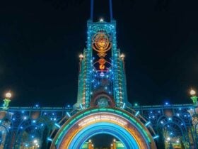 Nighttime view of Chronos at Epic Universe