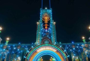 Nighttime view of Chronos at Epic Universe
