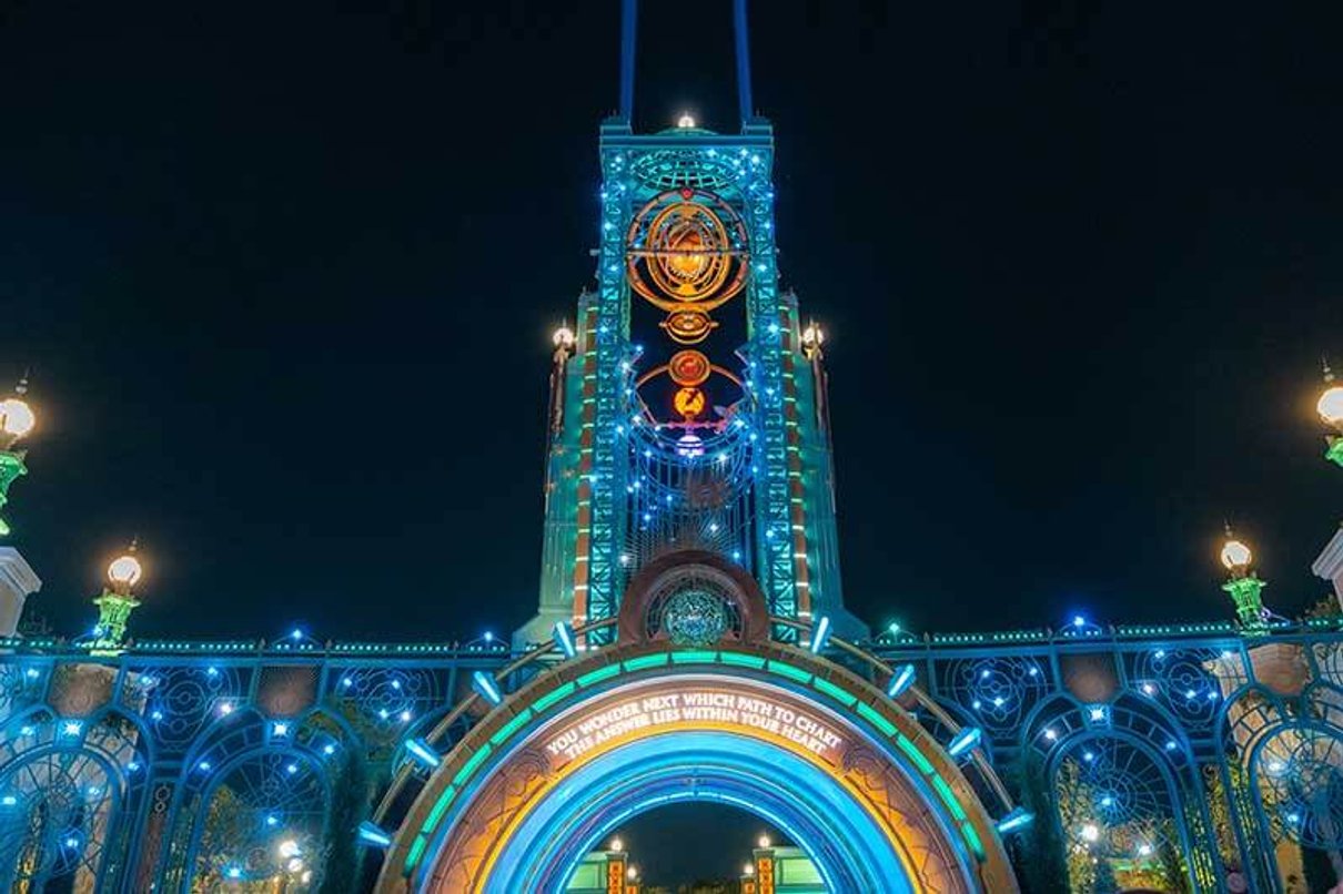 Nighttime view of Chronos at Epic Universe