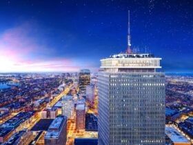 Boston skyline seen from the Prudential Tower at night