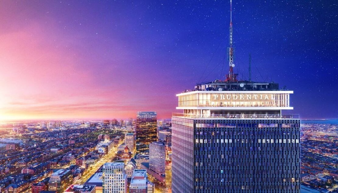 Prudential Tower and the View Boston observation deck in the city skyline