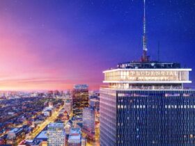 Prudential Tower and the View Boston observation deck in the city skyline