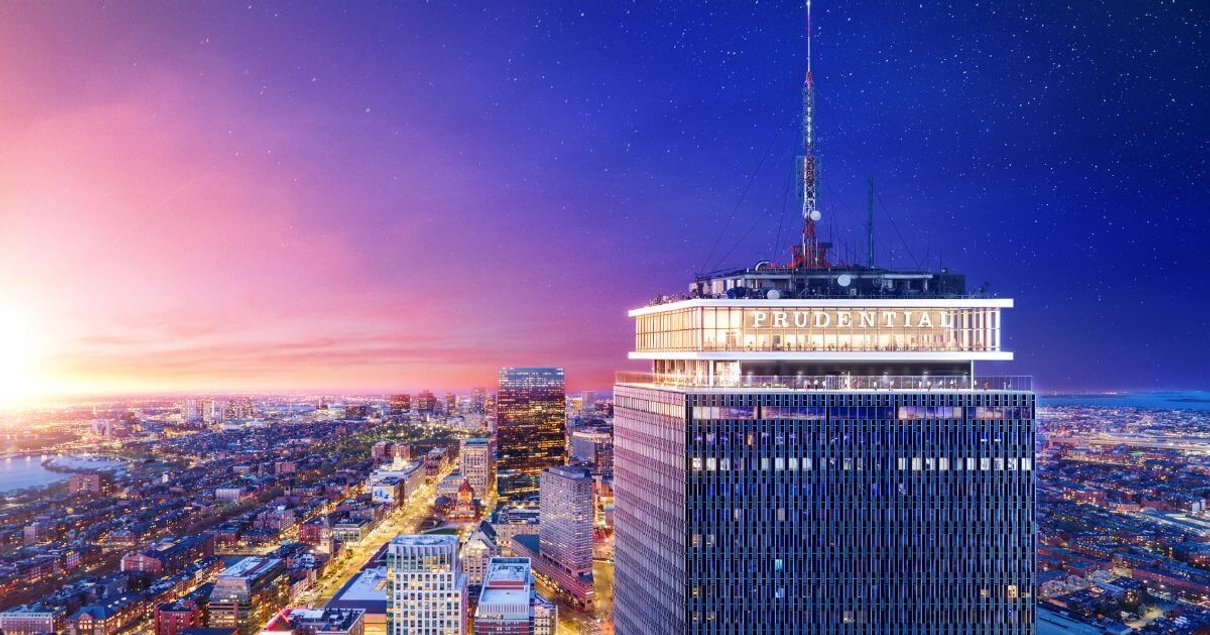 Prudential Tower and the View Boston observation deck in the city skyline
