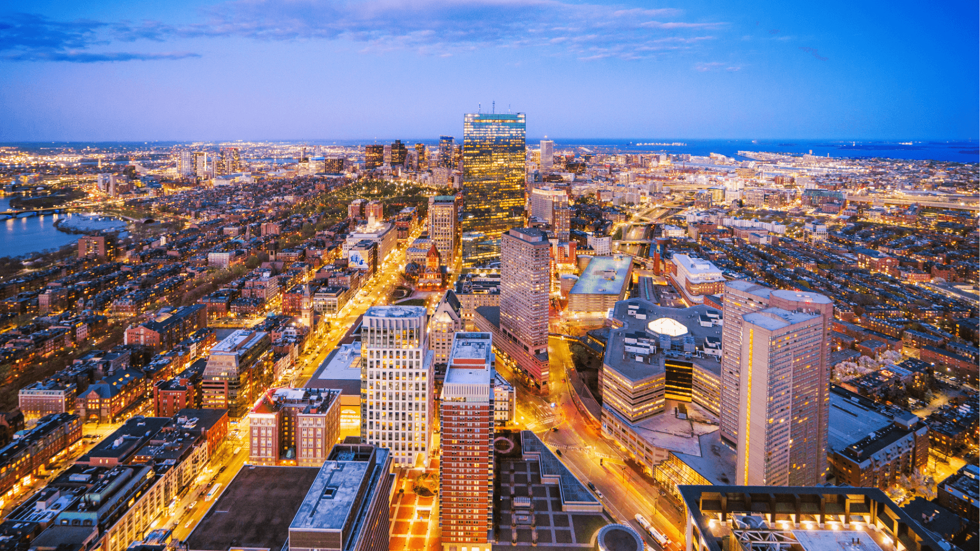 Boston skyline illuminated at night from View Boston