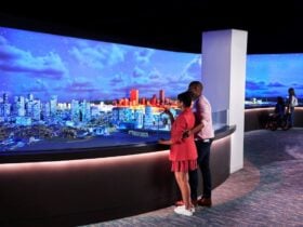 Visitors looking at an illuminated Boston city model inside View Boston