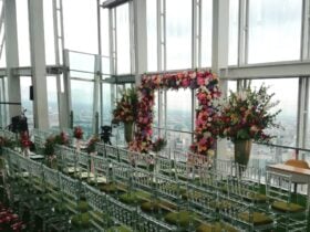 Floral ceremony setting beside the windows above London at The View from The Shard