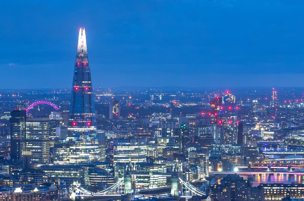The Shard and London skyline illuminated at dusk